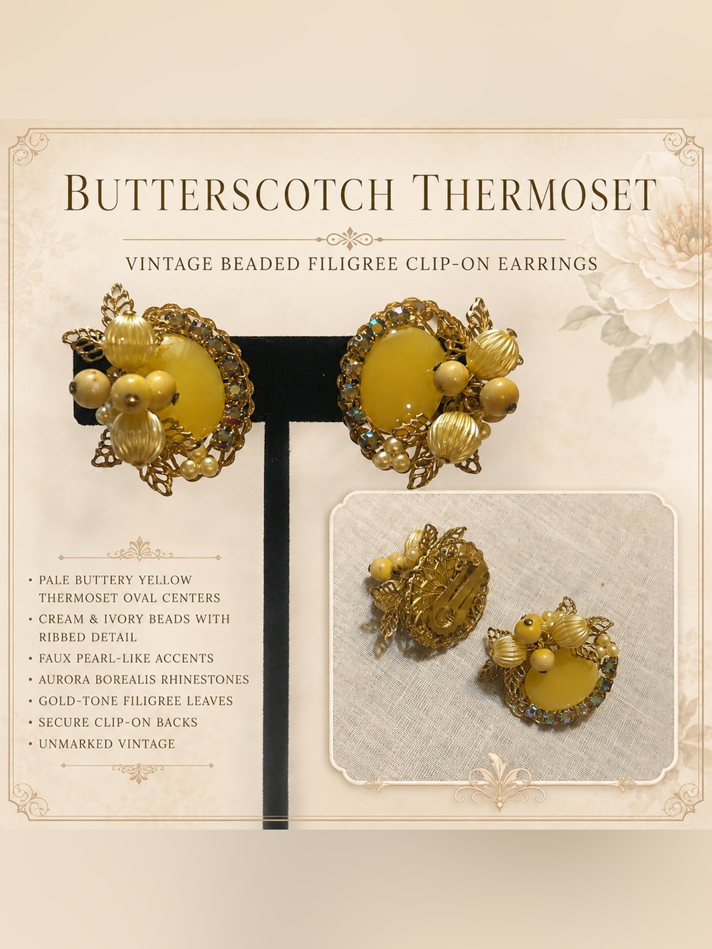Butterscotch Vintage Beaded Filigree Clip-On Earrings - Yellow